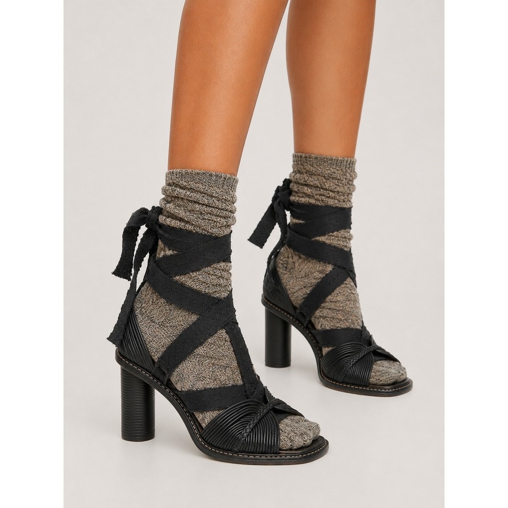 Ulla Johnson Gia High Heels Black Leather Ankle Ribbon Wrap Sandals 39.5